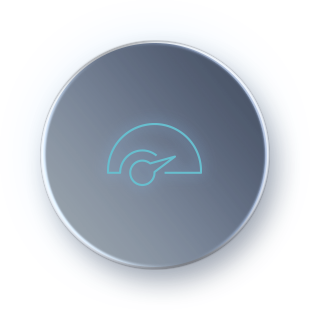 Neon blue speedometer icon with needle pointing right, set against a dark blue background, symbolizing high speed or performance.