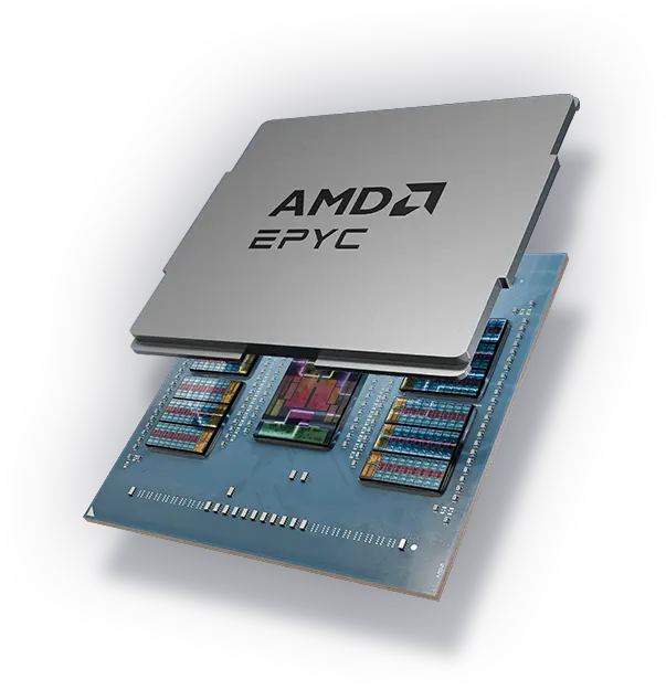 Close-up of an AMD EPYC processor with its cover lifted, revealing intricate circuit components. Set against a blue, digital-themed background.