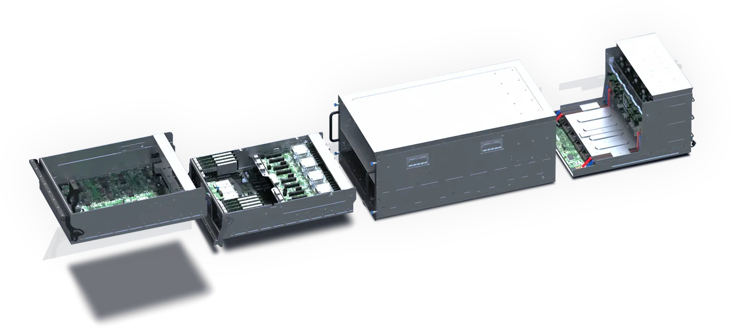 Image shows four computer server units in a stepped arrangement against a digital blue background with binary code. Labels highlight components: 8 AMD Instinct MI250X/MI250 GPUs, and 8 PCIe Gen 5 x16 slots. The open units reveal circuit boards and cooling systems, conveying advanced technology and computational power.