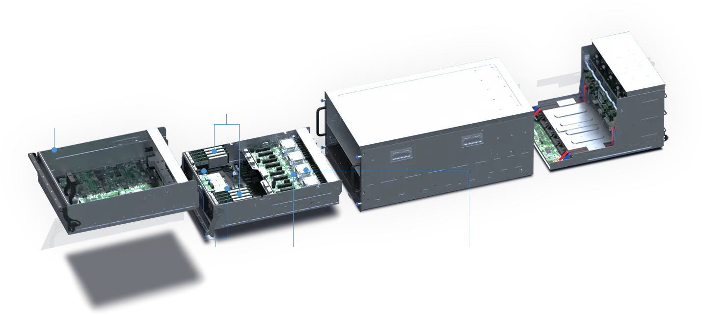 Image shows four computer server units in a stepped arrangement against a digital blue background with binary code. Labels highlight components: 8 AMD Instinct MI250X/MI250 GPUs, and 8 PCIe Gen 5 x16 slots. The open units reveal circuit boards and cooling systems, conveying advanced technology and computational power.