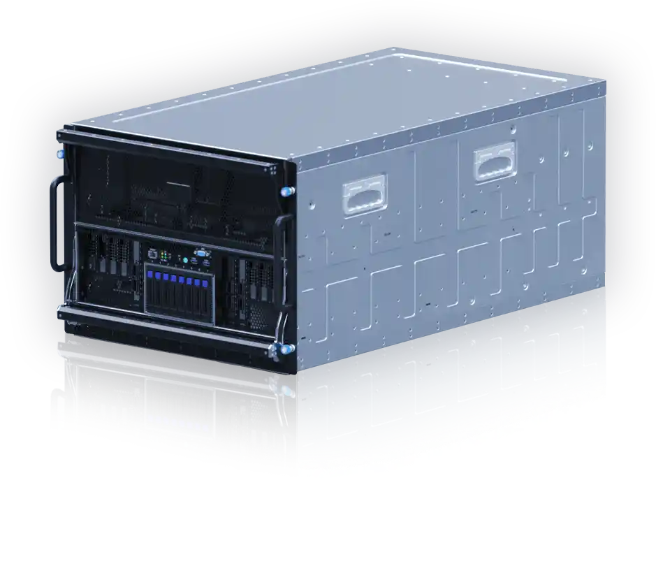 A silver server box with a black mesh front and rows of storage drives is set against an abstract digital background, conveying high-tech efficiency.