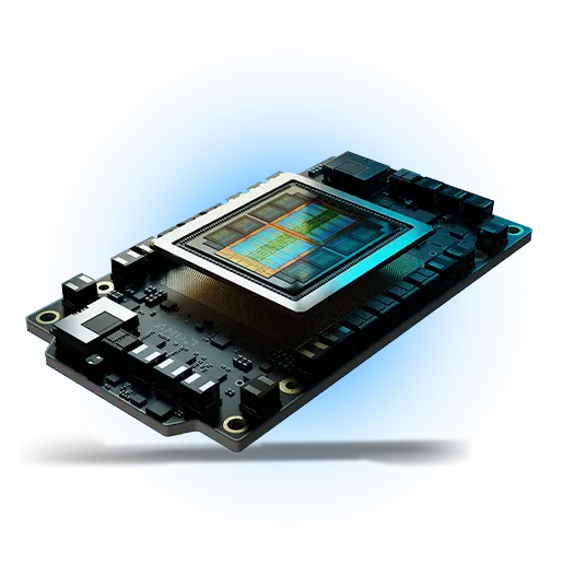 A computer graphics card is shown with a detailed view of its circuitry and multicolored microchip, set against a dark blue gradient background