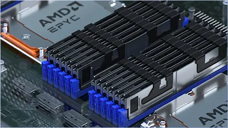 Close-up of an AMD EPYC processor on a motherboard with prominent blue and black heat sinks. The image conveys high-tech performance and efficiency.