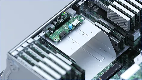 Close-up of a computer ‘sinternal hardware, showing eight Half-Height and four Full-Height PCIe Slots,circuit boards, heatsinks, and metallic components, conveying a high-tech,intricate design.