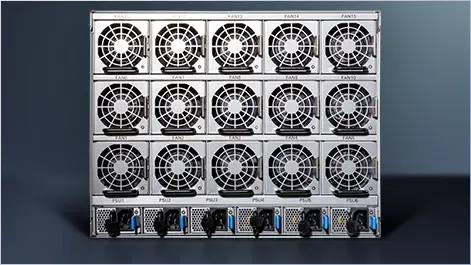 Fifteen cooling fans are mounted in a metal rack,arranged in a four-by-four grid, with power supply units below. Industrial and efficient tone.