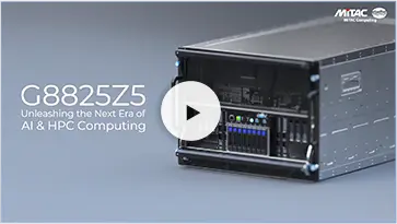 Video thumbnail showing a sleek, advanced server labeled G8825Z5 on the right. Text on the left reads 'Unleashing the Next Era of AI & HPC Computing.' The tone is futuristic and innovative.