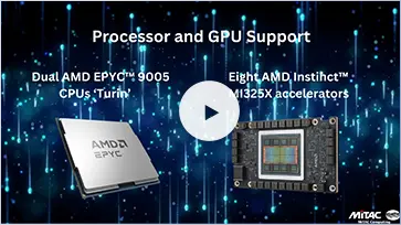 Image showing processor and GPU support with a futuristic blue digital background. Includes AMD EPYC 9005 CPU and AMD Instinct MI325X accelerator.MITAC logo in the bottom right
